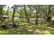 Beautiful backyard featuring a tranquil seating area with a fire pit amidst mature trees at 1691 Ridge Top Dr, Tarpon Springs, FL 34688