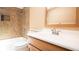 Well-lit bathroom with a tiled shower-tub combination, vanity, and a clean, functional layout at 1691 Ridge Top Dr, Tarpon Springs, FL 34688