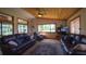 Open living room with wood ceilings, large windows and comfortable leather seating at 1691 Ridge Top Dr, Tarpon Springs, FL 34688