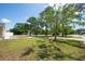 Expansive front yard featuring a lush green lawn, mature trees, and convenient street access, perfect for outdoor activities at 208 Ne Lincoln N Cir, St Petersburg, FL 33702
