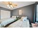 Bedroom with two twin beds, overhead ceiling fan, gray walls and a large closet behind louvered doors at 2427 Twin Dr # 2, Sarasota, FL 34234