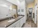Bathroom features double sinks, quartz countertop, wood-look tile flooring, and a walk-in shower at 34135 White Fountain Ct, Wesley Chapel, FL 33545