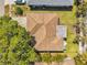An aerial shot shows a home's roof and backyard with green grass, trees, and palm trees around the property at 3957 Tarpon Pointe Cir, Palm Harbor, FL 34684