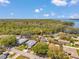 Scenic aerial view of homes in a lush, tree-filled community with lake access and bright blue sky above at 3957 Tarpon Pointe Cir, Palm Harbor, FL 34684