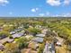 An aerial view captures homes with green lawns, mature trees, and charming landscaping along a quiet residential street at 3957 Tarpon Pointe Cir, Palm Harbor, FL 34684