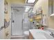 Bright bathroom with a glass-enclosed shower, skylight, and updated fixtures at 3957 Tarpon Pointe Cir, Palm Harbor, FL 34684