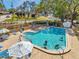 Community pool with comfortable lounge chairs, umbrellas, and refreshing water in a secure fenced-in outdoor setting at 3957 Tarpon Pointe Cir, Palm Harbor, FL 34684