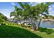 Scenic view of the waterfront featuring a well-maintained lawn and palm trees, enhancing the property's outdoor appeal at 4204 Saltwater Blvd, Tampa, FL 33615