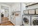 Laundry room features white cabinets, marble countertops, tiled backsplash, and stainless appliances at 4204 Saltwater Blvd, Tampa, FL 33615