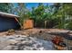 Backyard view of tropical landscaping, patio and shed with small carport at 525 Lexington St, Dunedin, FL 34698