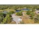 Aerial view features the home with a screened pool, a nearby lake, and lush greenery at 806 Linwood Ter, Lutz, FL 33549