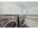 Functional laundry room with modern washer and dryer, ample storage, and countertop space at 806 Linwood Ter, Lutz, FL 33549