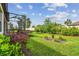 Backyard view with a screened lanai, lush lawn, and well-maintained landscaping at 4257 Rosatti Rd, Wesley Chapel, FL 33543