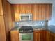 Granite countertops and backsplash, stainless steel appliances, and ample cabinet space in this kitchen at 5242 Beach Se Dr, St Petersburg, FL 33705