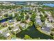 Picturesque aerial view showcasing waterfront homes, private pools, and tree-lined streets in a peaceful neighborhood at 5785 Bay Pines Lakes Blvd, St Petersburg, FL 33708