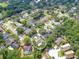 An aerial view showing this home nestled in a lush neighborhood with a pond nearby at 7414 Mint Julep Dr, Riverview, FL 33578