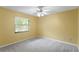 A bedroom with yellow walls, gray carpet, a ceiling fan, and a window with blinds at 7902 River Ridge Dr, Temple Terrace, FL 33637