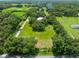 Expansive aerial view of a property with lush greenery, mature trees, and a charming home nestled within the landscape at 9019 S County Line Rd, Lithia, FL 33547