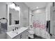Bright bathroom with a flamingo-themed shower curtain and modern fixtures at 9019 S County Line Rd, Lithia, FL 33547