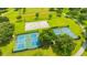 Aerial view of community recreation area including basketball and pickleball courts amidst lush greenery at 14174 Thoroughbred Dr, Dade City, FL 33525