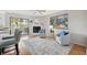 Bright living room featuring a fireplace, large windows, and access to an outdoor space at 2387 Hanover Dr # 2387, Dunedin, FL 34698