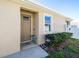 Charming front entryway featuring a stylish door, complementary plants, and a secure ADT security system at 7869 Timberview Loop, Wesley Chapel, FL 33545