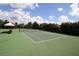 Well-maintained tennis court surrounded by a fence and greenery under a sunny sky at 7869 Timberview Loop, Wesley Chapel, FL 33545