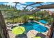 Overhead view of a screened-in pool with a waterfall feature and colorful umbrellas at 8420 Dunham Station Dr, Tampa, FL 33647