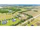 Aerial view of a landscaped property, highlighted with boundary lines, showcasing the pool, patio, and landscaping at 9916 Preakness Stakes Way, Dade City, FL 33525