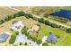 Aerial view of a landscaped property, highlighted with boundary lines, within a quiet residential neighborhood at 9916 Preakness Stakes Way, Dade City, FL 33525