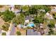 Aerial view of a property showcasing a backyard pool, lush landscaping, and overall lot layout at 12116 N 52Nd St, Temple Terrace, FL 33617