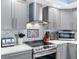 Modern kitchen details including the stainless steel oven, hood, microwave, backsplash and counter appliances at 1430 Gulf Blvd # 102, Clearwater Beach, FL 33767
