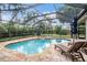 Screened pool with lounge chairs, umbrella, and lush landscaping at 19708 Wellington Manor Blvd, Lutz, FL 33549