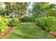 Well-manicured lawn bordered by lush landscaping offers a serene backyard retreat at 250 Aberdeen St, Dunedin, FL 34698
