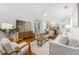 Bright living room featuring a stone fireplace, hardwood floors, and French doors to the outdoors at 250 Aberdeen St, Dunedin, FL 34698