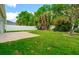 Lush green backyard with a concrete patio, privacy fence, and tree at 5902 War Admiral Dr, Wesley Chapel, FL 33544