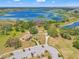 Aerial view of community park, with large lake, playground, building with parking lot, and walking paths at 8919 Drummer Plank Dr, Wesley Chapel, FL 33545