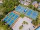 Aerial view of three sets of tennis courts and parking, all surrounded by lush, mature landscaping at 10501 Dotham Ct, Tampa, FL 33626