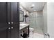 Bathroom boasts tiled walk-in shower and dark wood vanity with light countertops at 10609 Orange Grove Dr, Tampa, FL 33618