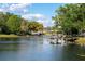 Picturesque community lake featuring boat docks, lush trees, and waterfront views under a blue sky with scattered clouds at 10609 Orange Grove Dr, Tampa, FL 33618