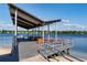 View of a covered picnic pavilion by the lake with red picnic tables and beautiful scenic views at 10609 Orange Grove Dr, Tampa, FL 33618