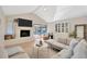 Open living room with fireplace, modern furnishings, vaulted ceilings, and views of the pool area at 16141 Gardendale Dr, Tampa, FL 33624