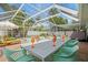Charming poolside dining area with seating for eight, next to comfortable lounge chairs at 1698 Eden Ct, Clearwater, FL 33756