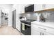 Modern kitchen boasts white cabinets, stainless steel appliances and a stylish tile backsplash at 19195 Blue Pond Dr, Lutz, FL 33558