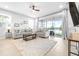 Inviting living room with stylish sofas and large sliding glass doors overlooking a tranquil water view at 19195 Blue Pond Dr, Lutz, FL 33558