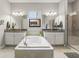 Bright bathroom featuring a soaking tub, double sink vanity, and glass enclosed shower at 2835 Hilliard Dr, Wesley Chapel, FL 33543