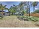 Expansive backyard featuring mature trees, a storage shed, and a wooden fence, offering privacy and room to roam at 3225 Bea Ct, Land O Lakes, FL 34639