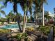Community pool with ample seating, umbrellas and lush tropical landscaping at 4053 Rocky Shores Dr, Tampa, FL 33634