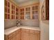 Butler's pantry featuring custom wooden cabinetry, neutral countertops, and wine storage at 4848 Quill Ct, Palm Harbor, FL 34685