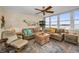Bright living area with comfortable seating, ceiling fan, and expansive windows overlooking the water at 5108 Brittany S Dr # 607, St Petersburg, FL 33715